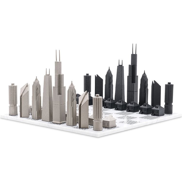 Skyline Chess Chicago Edition Stainless Steel Chess Set with Marble Hatch Board