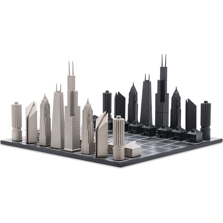 Skyline Chess Chicago Edition Stainless Steel Chess Set with Wood Map Board