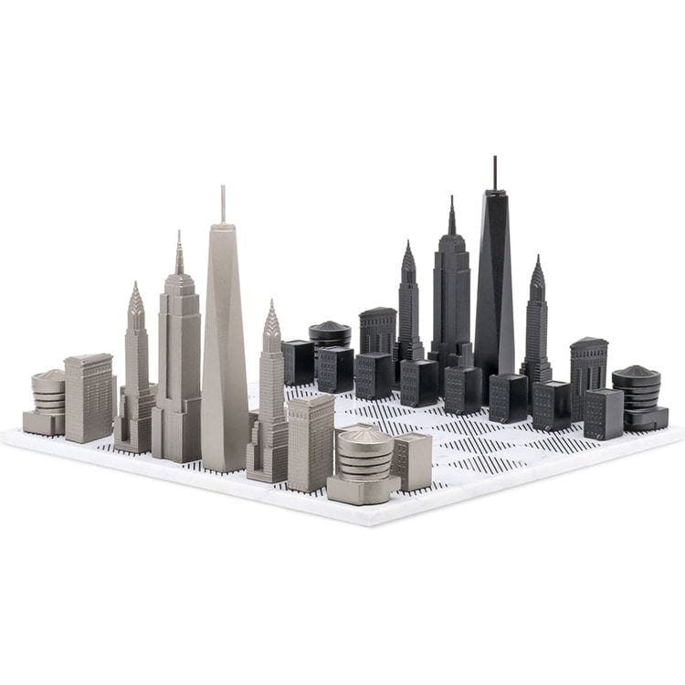 Skyline Chess New York Edition Stainless Steel Chess Set with Marble Hatch Board