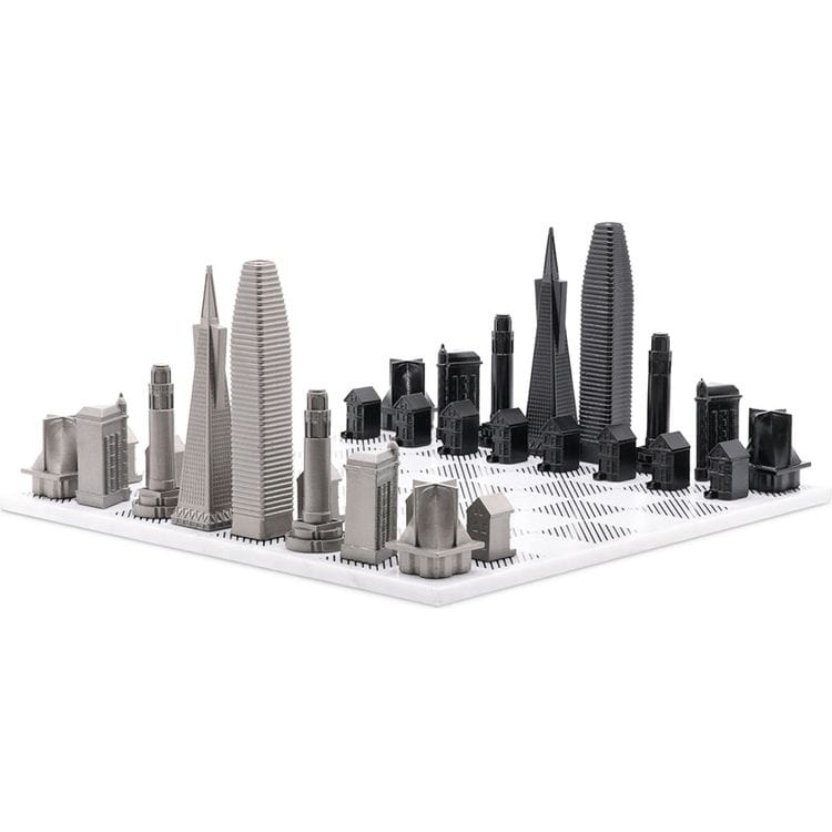 Skyline Chess San Francisco Edition Stainless Steel Chess Set with Marble Hatch Board