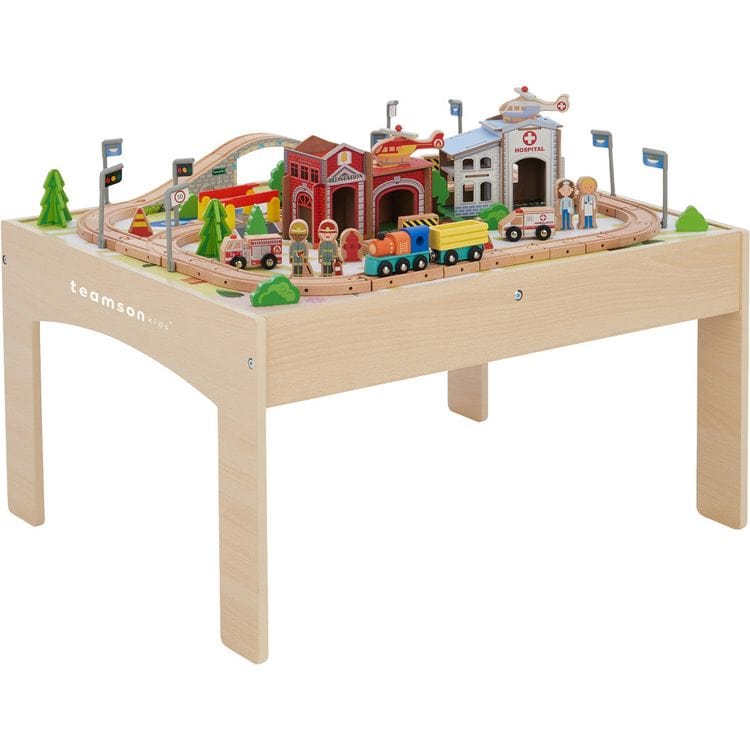 Teamson Kids Preschool Play Lab Toys Table with 85-piece Train & Town Set