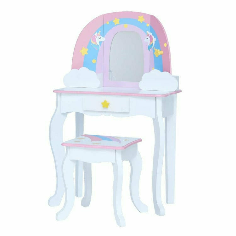 Teamson Kids Little Dreamer Rainbow Unicorn Vanity Table and Stool- White